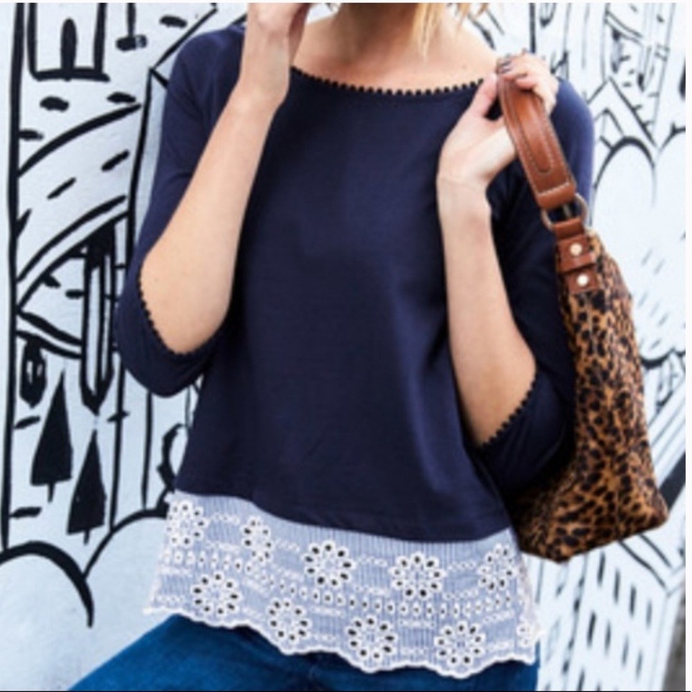 Boden Navy and White Lace Trim Top